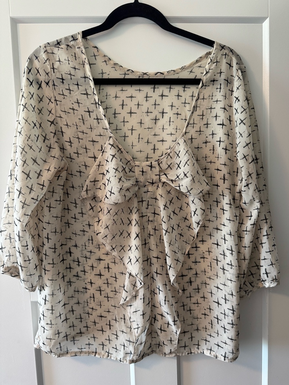 Women’s Cream Blouse with Black Cross Print and Front Bow